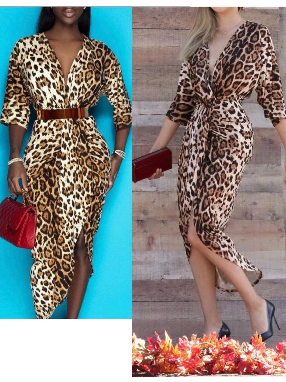 Leopard cheetah midi dress V-neckline three-quarter sleeves knotted waist Sz M